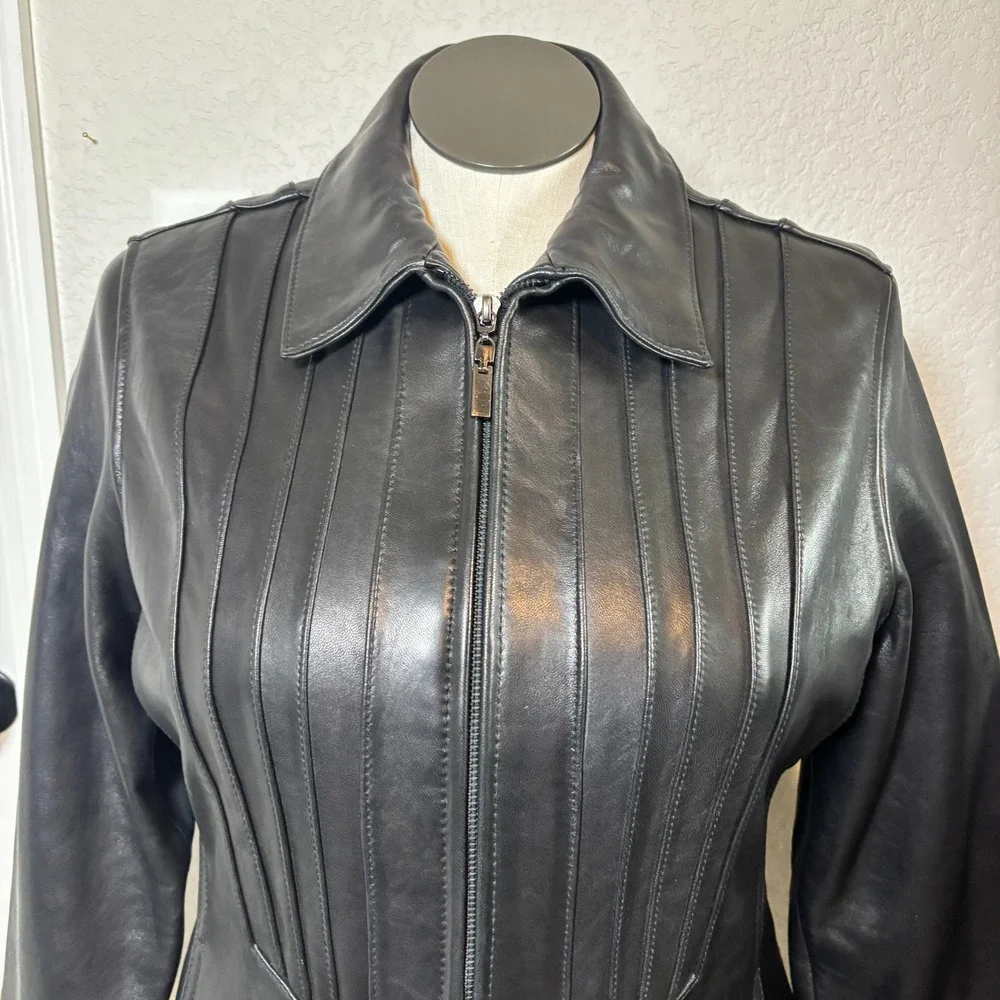 Avanti New York Womens Black Genuine Leather Zip Up Pintuck Pleated Jacket Large